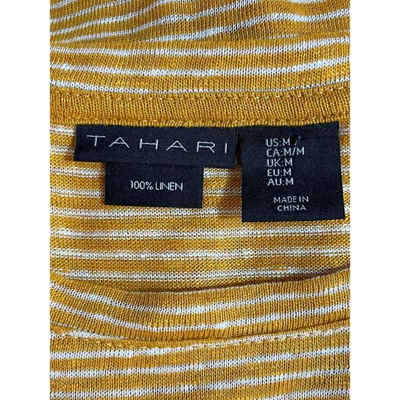 Tahari Top Women Medium 100% Linen Gold White Stripe Short Sleeve Ruched Hem - Picture 4 of 7